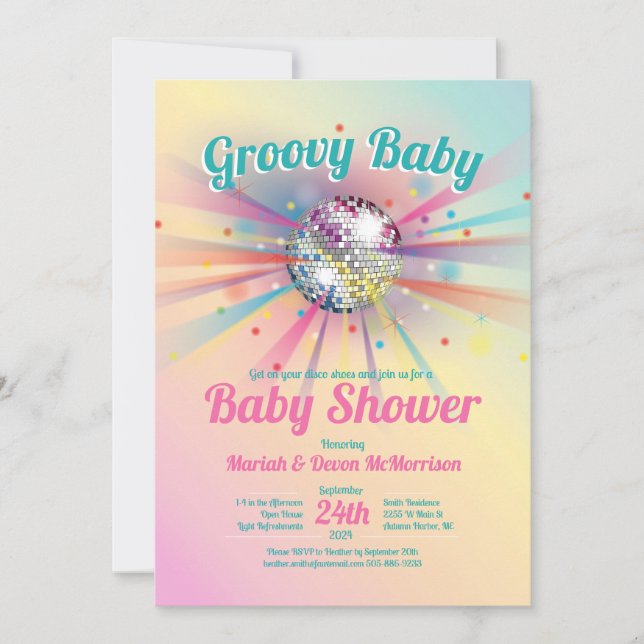 Invitación Disco Ball Baby Shower Groovy Pastel Rainbow (Anverso)