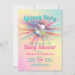 Invitación Disco Ball Baby Shower Groovy Pastel Rainbow