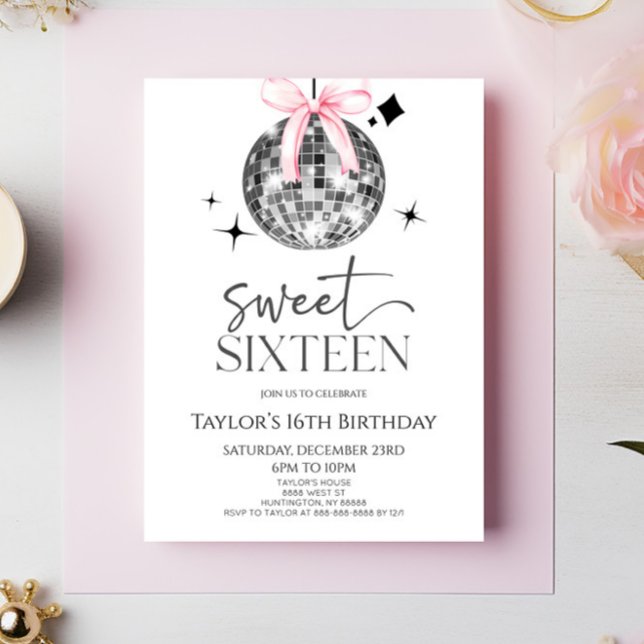 Invitación Disco Ball Bow Sweet 16th Birthday Party (Subido por el creador)