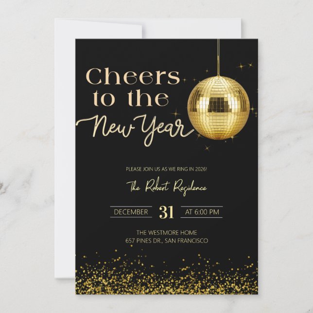 Invitación Disco ball cheers New Year's  Party  (Anverso)