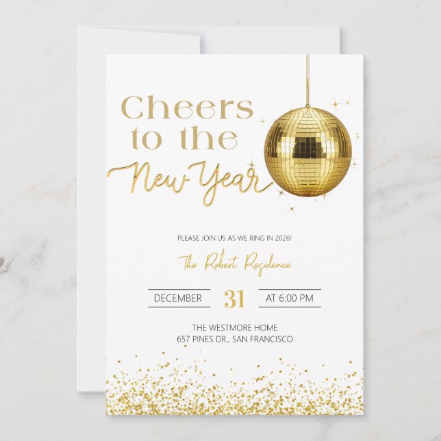 Invitación Disco ball cheers New Year's  Party  (Anverso)
