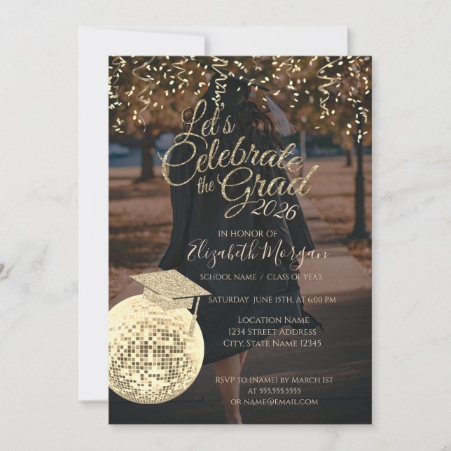Invitación Disco Ball Confetti Graduation Photo (Anverso)