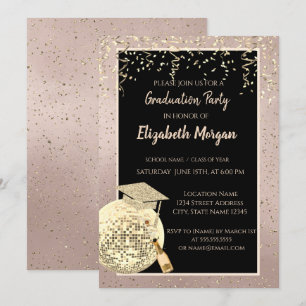 Invitación Disco Ball Confetti, Rosa de vino Graduado de Oro