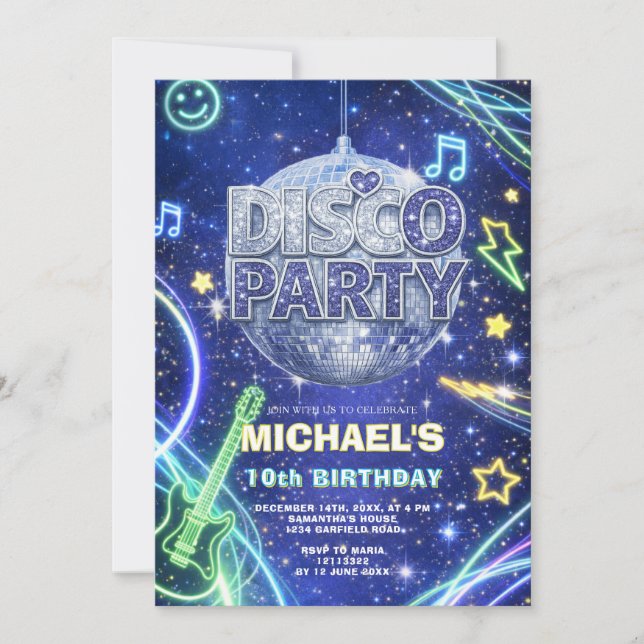 Invitación Disco Ball Neon Space Kids Birthday Party Invite (Anverso)