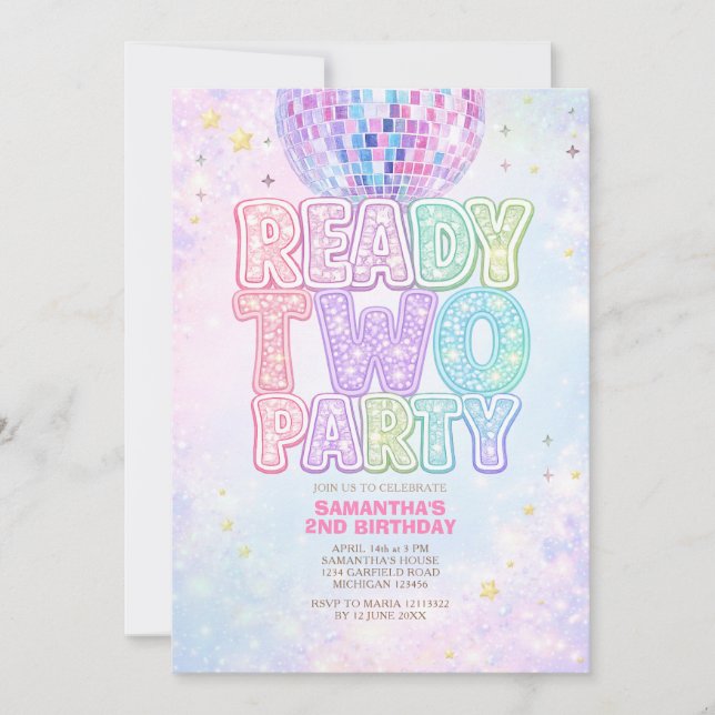Invitación Disco Ball Pastel Rainbow Toddler Birthday Party  (Anverso)