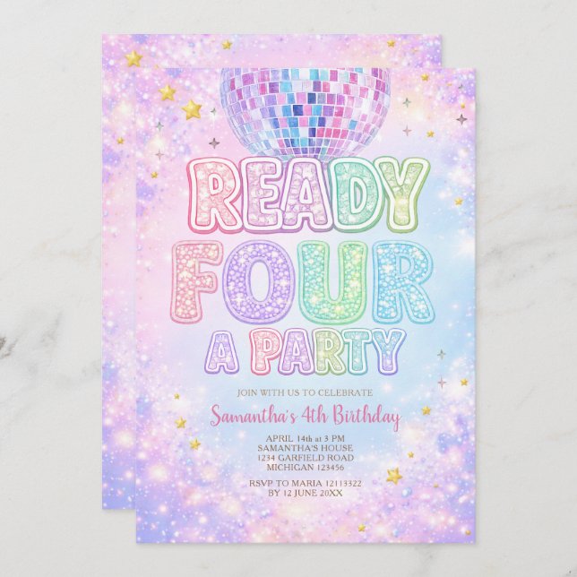 Invitación Disco Ball Ready FOUR a party  Birthday (Anverso / Reverso)