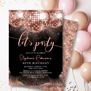 Invitación Disco Ball Rosa moderno Oro 40 cumpleaños Fiesta