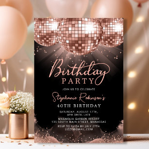 Invitación Disco Ball Rosa moderno Oro 40 cumpleaños Fiesta
