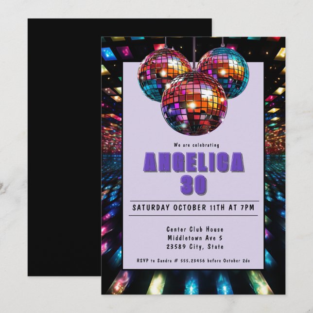 Invitación Disco Birthday Purple Black (Anverso / Reverso)