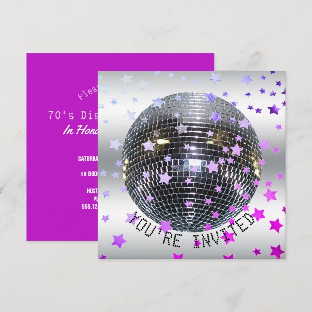 Invitación Disco Birthday Purple | Fiesta Disco Retro 70 (Anverso / Reverso)