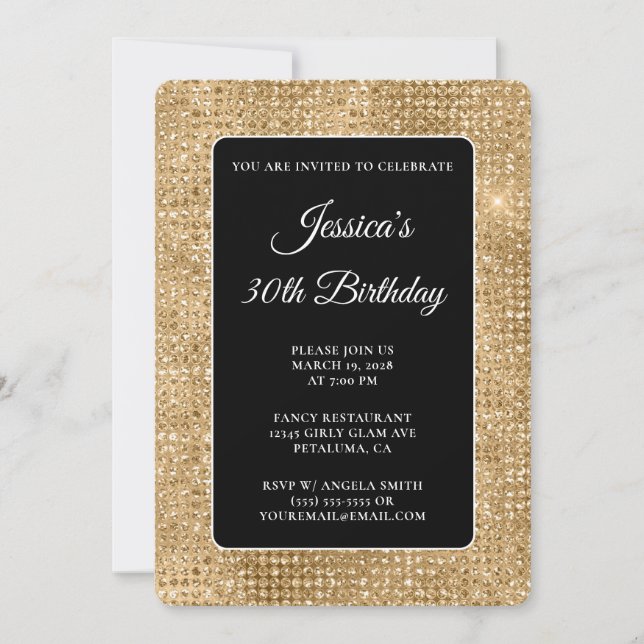 Invitación Disco Brillo Negro y Dorado Cumpleaños 30 (Anverso)