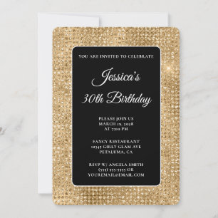 Invitación Disco Brillo Negro y Dorado Cumpleaños 30