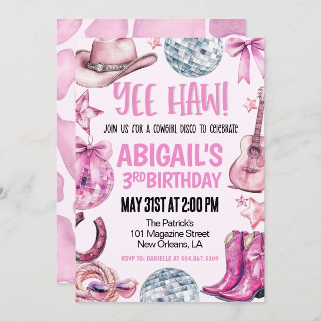 Invitación Disco Cowgirl Birthday (Anverso / Reverso)