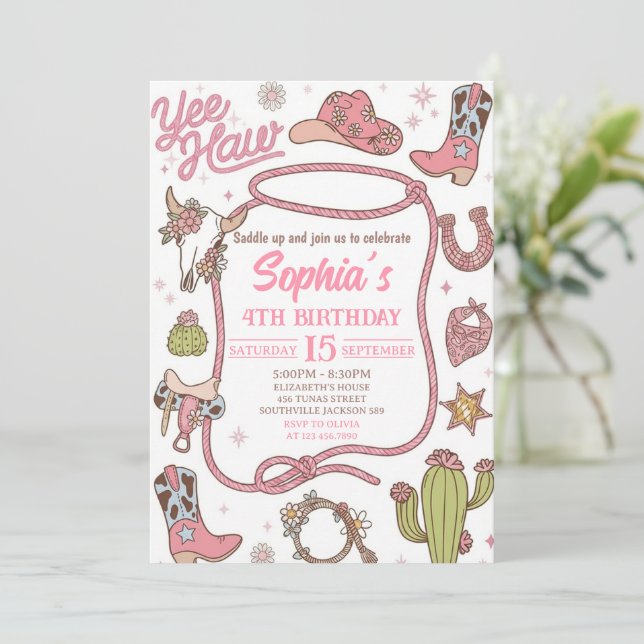 Invitación Disco Cowgirl Nashville Pink Rodeo Birthday Party (Anverso de pie)