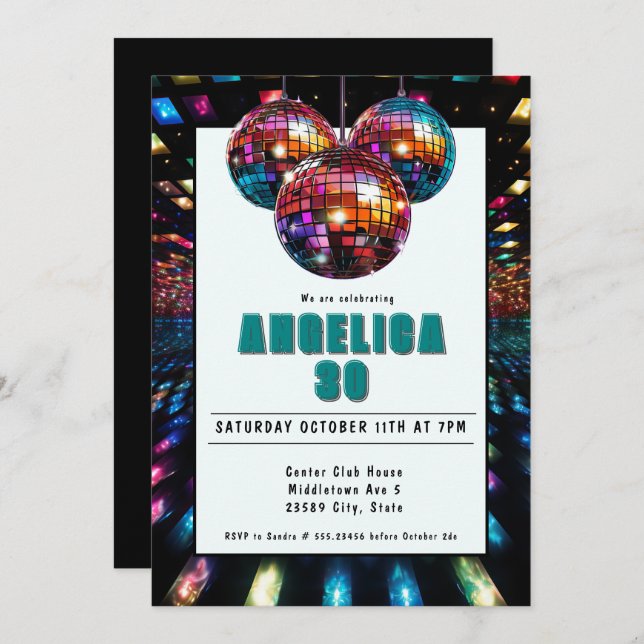 Invitación Disco Cumpleaños Verde azulado Negro (Anverso / Reverso)