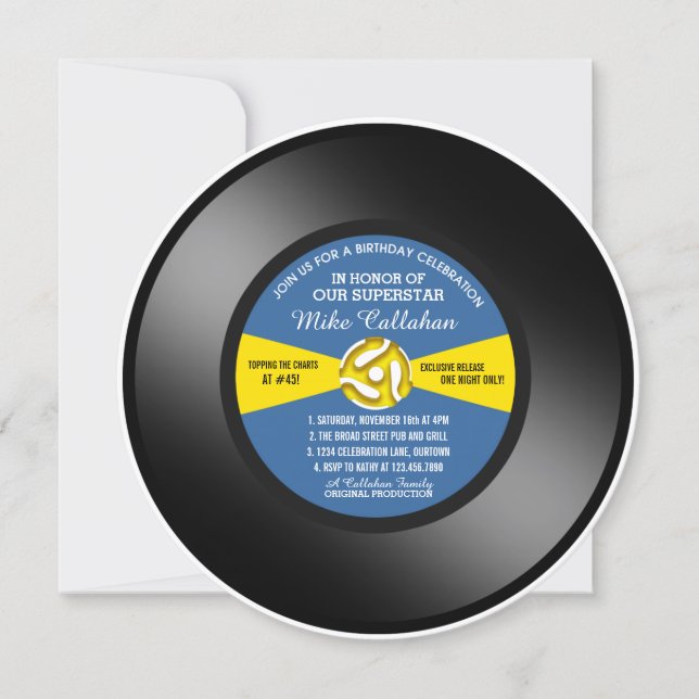 Invitación Disco de vinilo 45 cumpleaños etiqueta azul (Anverso)