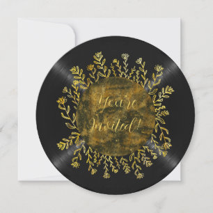 Invitación Disco de vinilo de oro negro floral Cumpleaños Dj