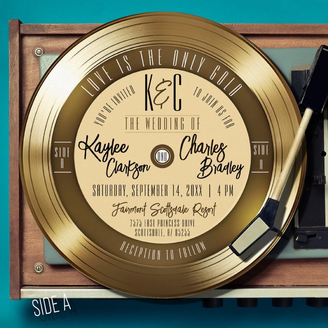 Invitación Disco de vinilo dorado retro único vintage boda (Retro gold vinyl record groovy 70's elegant vintage modern QR code unique round wedding invitation)