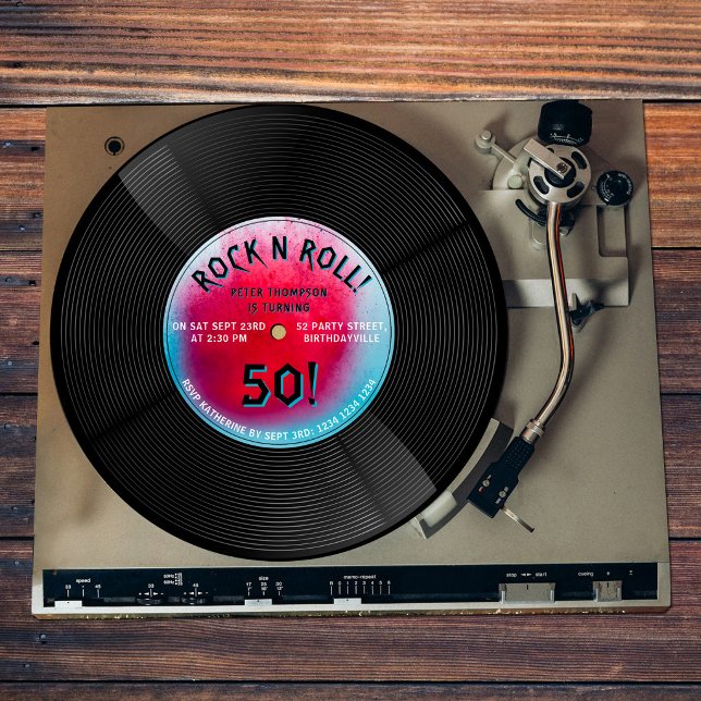 Invitación Disco de vinilo retro Rock N Roll azul rojo cumple (Retro Vinyl Record Rock N Roll Blue Red Birthday Invitation)