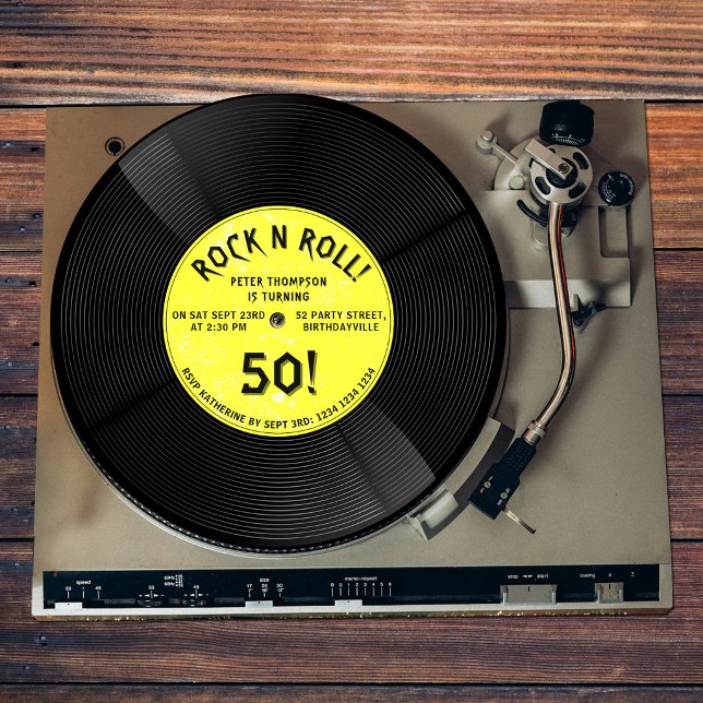 Invitación Disco de vinilo retro Rock N Roll cumpleaños amari (Retro Vinyl Record Rock N Roll Yellow Birthday Invitation)
