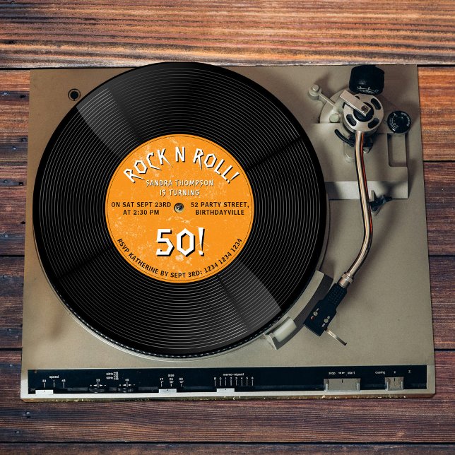 Invitación Disco de vinilo retro Rock N Roll naranja Cumpleañ (Retro Vinyl Record Rock N Roll Orange Birthday Invitation)
