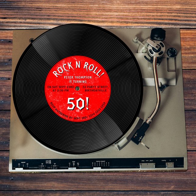 Invitación Disco de vinilo retro Rock N Roll rojo cumpleaños (Retro Vinyl Record Rock N Roll Red Birthday Invitation)