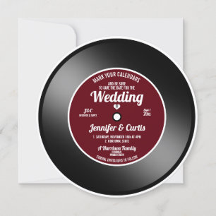 Invitación Disco de vinilo retro vino tinto boda guardar la f