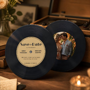 Invitación Disco de vinilo vintage guarda la fecha con foto