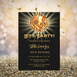 Invitación Disco fiesta oro negro 40 cumpleaños<br><div class="desc">Una 40.ª invitación. Un fondo negro decorado con una bola de oro de la discoteca. Texto: ¡Vamos Fiesta! Personalice y agregue un nombre y detalles del fiesta. El nombre se escribe con un guión de estilo con letras a mano.</div>