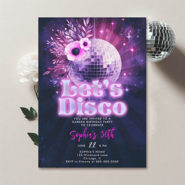 Invitación Disco Garden Fiesta 70 Moda Hot Pink 30 cumpleaños (disco garden party 30th birthday invitation groovy 70s floral disco ball hot pink purple navy)