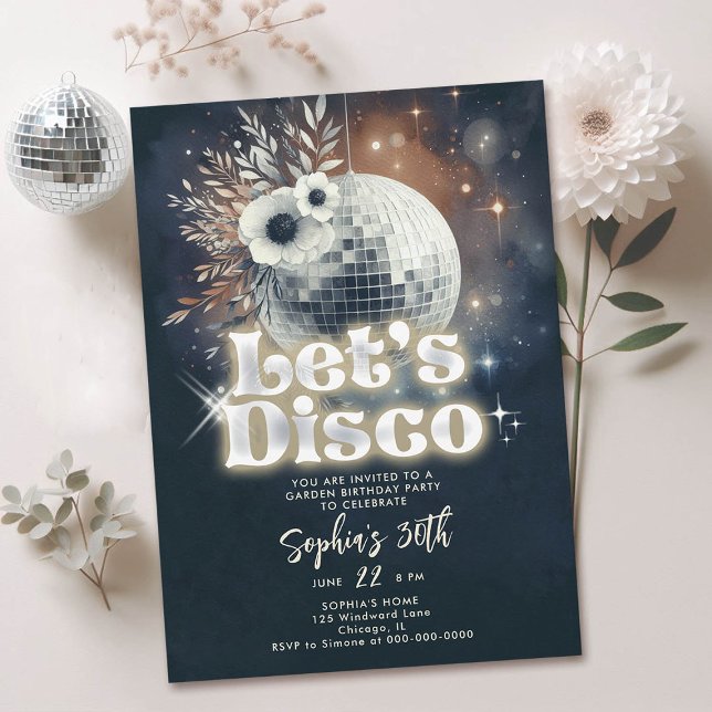 Invitación Disco Garden Fiesta 70 Retro Black 30 cumpleaños (disco garden party 30th birthday invitation groovy 70s ball floral black orange yellow)