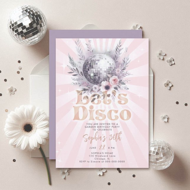 Invitación Disco Garden Fiesta 70 Retro Pink 30 cumpleaños (disco garden party 30th birthday invitation groovy 70s ball floral roses pink lavender)