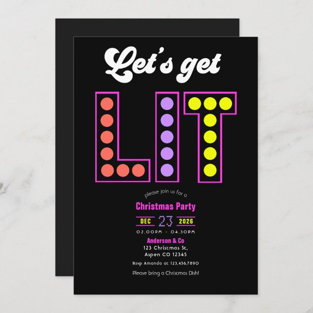 Invitación Disco Garland Let's Get Lit Retro Christmas Party (Anverso / Reverso)