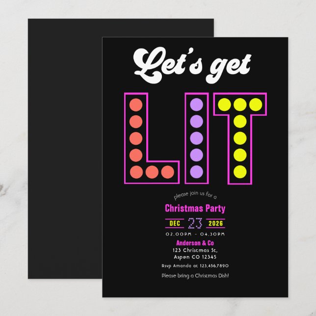 Invitación Disco Lights Let's Get Lit Retro Christmas Party (Anverso / Reverso)