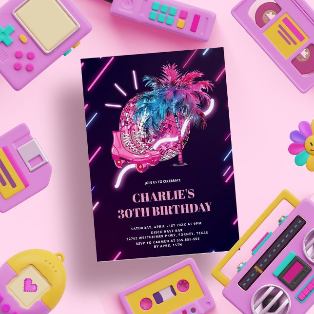 Invitación Disco Neon Fiesta Pink Retro Cumpleaños (Subido por el creador)