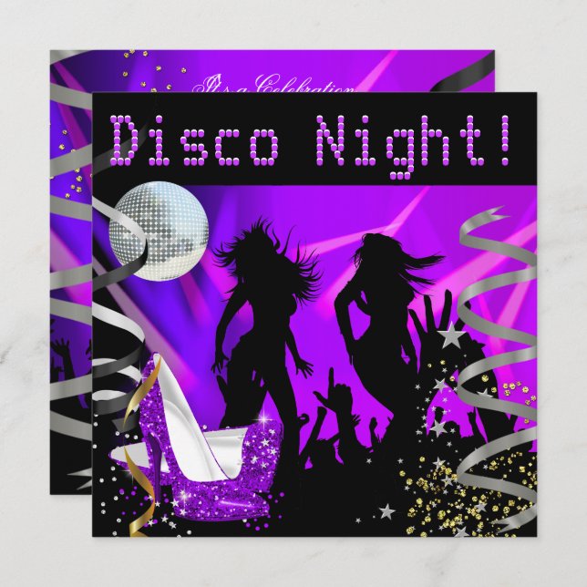 Invitación Disco Noche Purple Dance Gold Talones de Purpurina (Anverso / Reverso)
