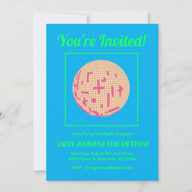 Invitación Disco rosa verde azul retro 70 50 cumpleaños (Anverso)