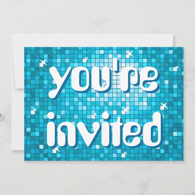 Invitación Disco Tiles Blue 'estás invitado' texto amelia (Anverso)