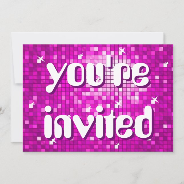Invitación Disco Tiles Pink "estás invitado" texto amelia (Anverso)