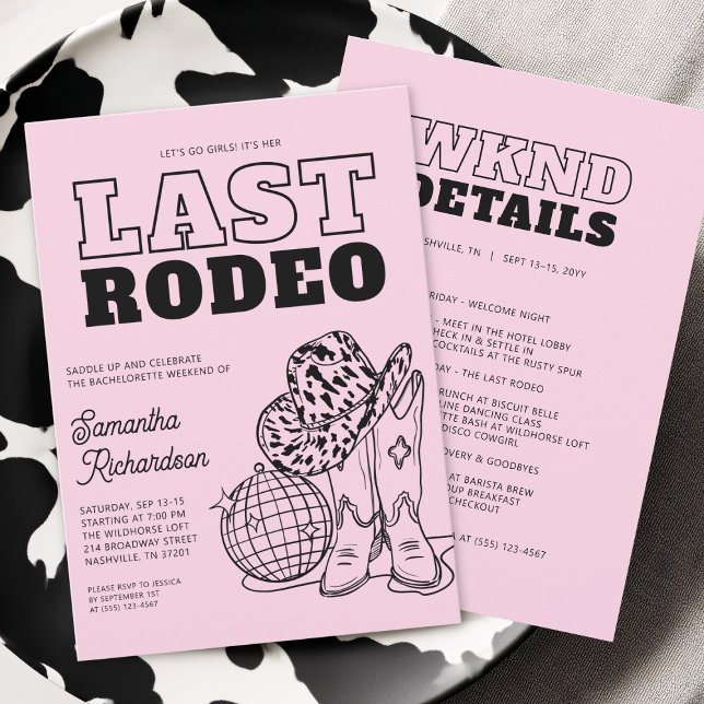 Invitación Discoteca Bachelorette Party Itinerario Fin de Sem (Disco Cowgirl Bachelorette Party Weekend Itinerary Invitation)