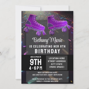 Invitación Discoteca Rollerskating Birthday Purpurina Roller