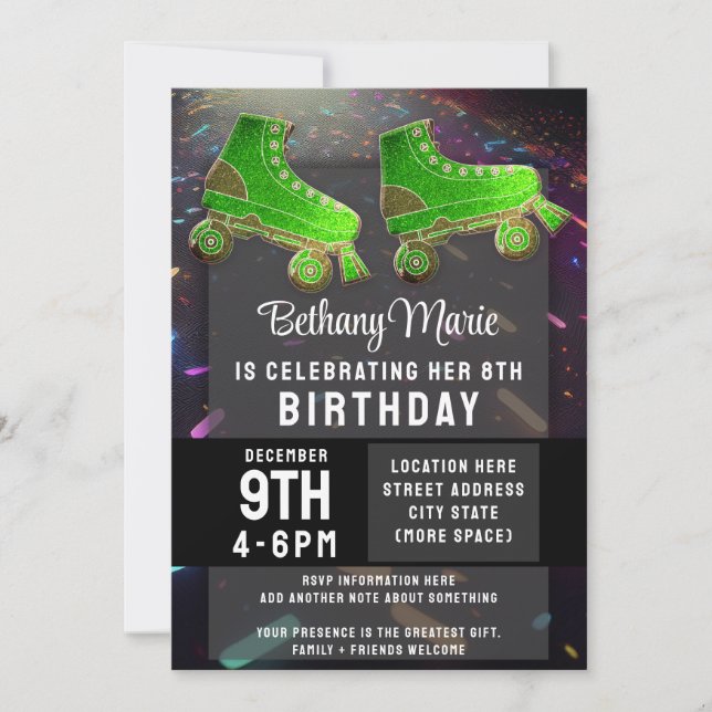 Invitación Discoteca Rollerskating Birthday Purpurina Roller  (Anverso)
