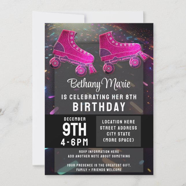 Invitación Discoteca Rollerskating Birthday Purpurina Roller  (Anverso)