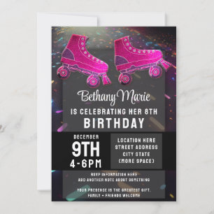 Invitación Discoteca Rollerskating Birthday Purpurina Roller 