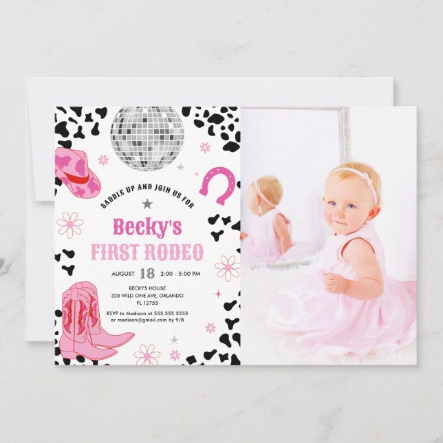 Invitación Discoteca rosada Primera niña de rodeo Primera fot (Anverso)