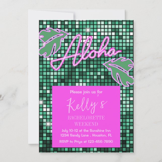 Invitación Discoteca Tropical Bachelorette Weekend Neon (Anverso)