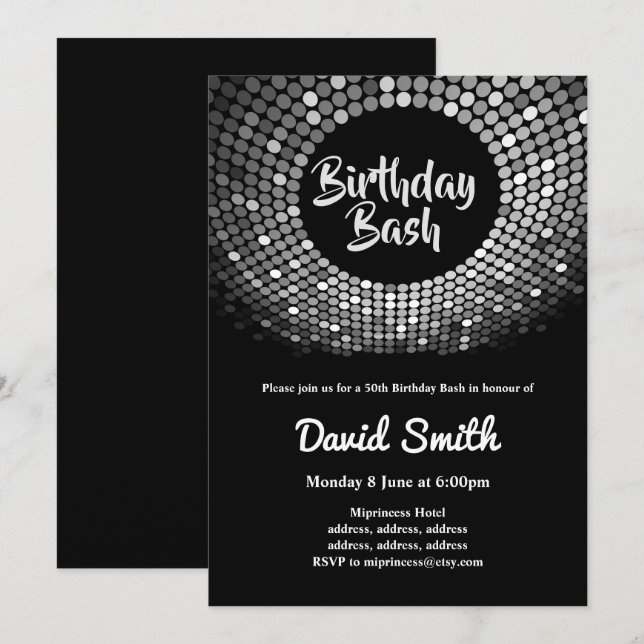 Invitación discoteca, vintage, baile de cumpleaños bash (Anverso / Reverso)
