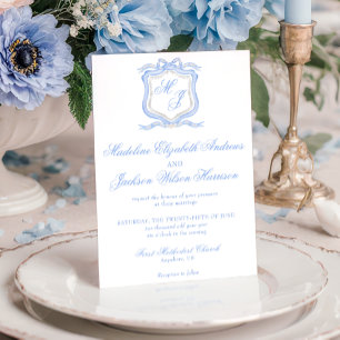 Invitación Diseñador de color de agua Boda de monograma azul