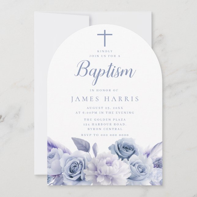 Invitación Diseñador Dusty Blue Floral Boy o Bautismo Chica (Anverso)