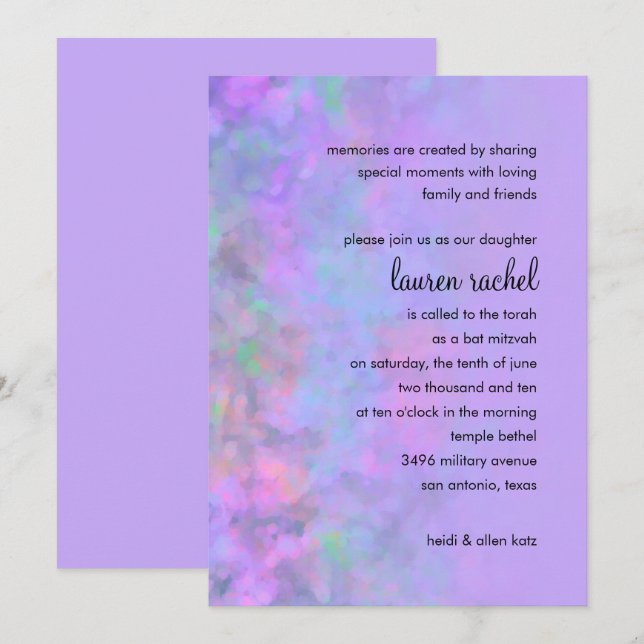Invitación Diseño abstracto de Bat Mitzvah en morado (Anverso / Reverso)